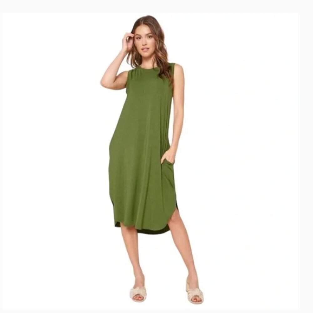 Sugarlips Women's S Gabbi Midi Shift‎ Jersey Knit Dress Green Sleeveless Pockets